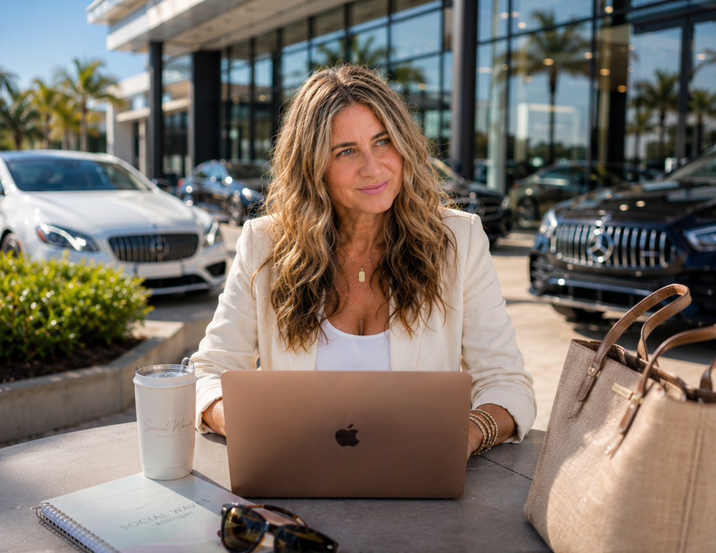 Holly Kobolt working on a laptop outside a Mercedes-Benz dealership