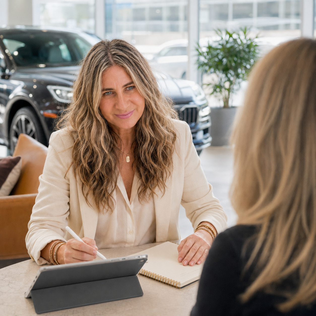 Holly Kobolt consulting with a client inside a luxury dealership showroom