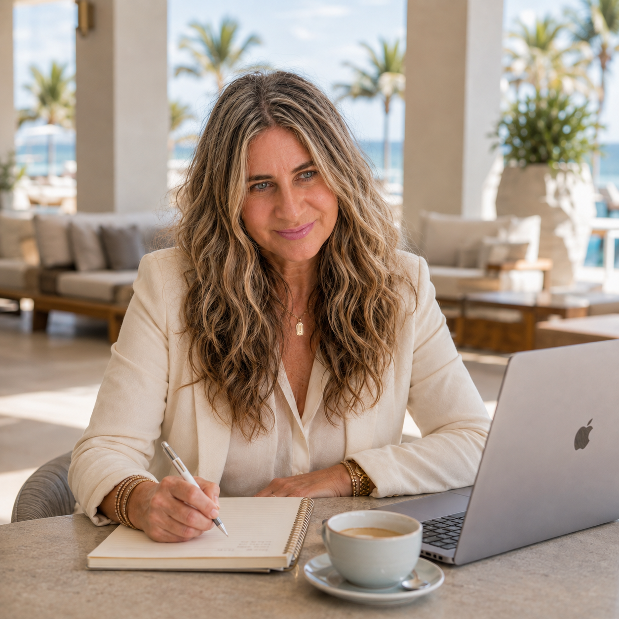 Holly Kobolt, founder of Social Waves Boutique, working at a beachfront resort