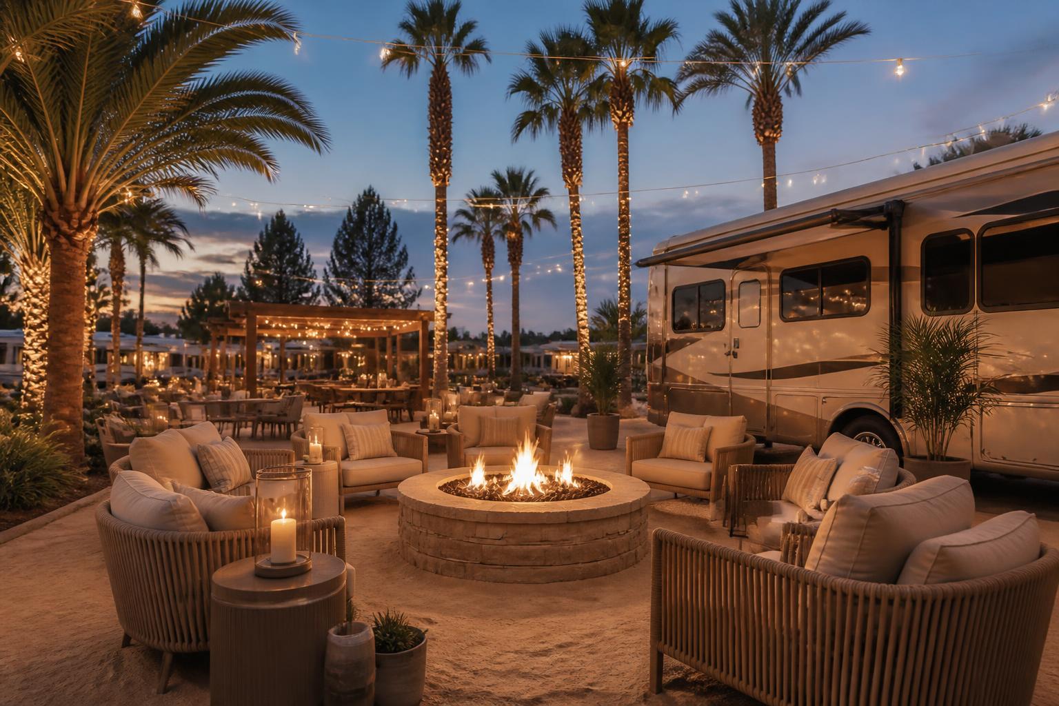 Luxury outdoor hospitality resort at dusk